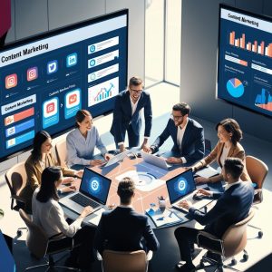 A professional and collaborative scene of a content marketing team brainstorming in a modern office setting surrounded by visual elements like social media icons SEO graphs